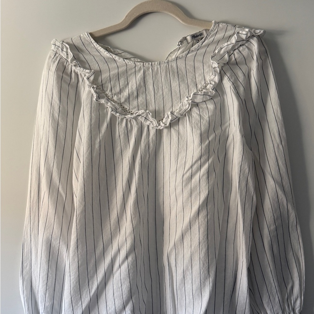 Madewell White and Black Striped Blouse with Ruffle Detail